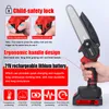 A hand holding a mini chainsaw with various feature callouts and icons. Produktbild-Vorschau