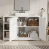 A white bathroom vanity cabinet with two doors open, displaying various bathroom items like bottles, baskets, and towels. Produktbild-Vorschau