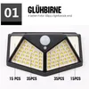 A solar powered light with motion sensor, showing different configurations and text labels. Produktbild-Vorschau