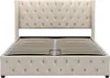 A beige upholstered bed frame with a tufted headboard and footboard, shown with the wooden slat mattress support system extended. Podgląd zdjęcia produktu