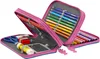 An open pink pencil case filled with colored pencils, pens, scissors, a sharpener, and glue stick. Náhled obrázku produktu