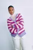 A woman is posing for a fashion shoot, wearing a striped cardigan. Produktbild-Vorschau