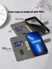 A wallet-style phone case is shown open, displaying its features like card slots and a money pocket, with a phone inserted. Produktbild-Vorschau