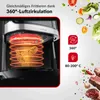 A marketing image for an air fryer, showing its internal heating element and a piece of fried chicken, along with feature icons and illustrations of food. Produktbild-Vorschau