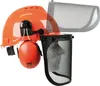A safety helmet with attached ear protection and a mesh visor. Produktbild-Vorschau
