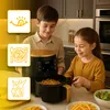 Two children are in a kitchen, looking at an air fryer filled with french fries. There are icons on the left side of the image. Produktbild-Vorschau