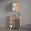 A bathroom cabinet and a storage unit are displayed against a gray wall. Produktbild-Vorschau