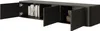 A black TV stand with multiple open doors, revealing books and decorative items inside. Produktbild-Vorschau