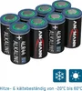 A group of ANSMANN 4LR44 6V alkaline batteries are arranged in a cluster on a white background. Below the batteries are two icons, one of a snowflake and one of a sun, and text indicating temperature resistance. Náhled obrázku produktu