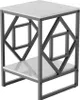 A product shot of a side table with a marble-like top and shelf, and a geometric metal frame. Produktbild-Vorschau