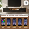 A modern black TV stand with integrated LED lighting, shown with a large TV above it. The image also displays five smartphone screens showcasing different app-controlled lighting features. Podgląd zdjęcia produktu
