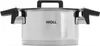 A stainless steel pot with black handles and lid handle, set against a white background. Produktbild-Vorschau