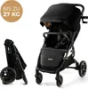 A black Kinderkraft MITZY buggy is shown in two states: folded and unfolded. The unfolded buggy is in the foreground, while the folded buggy is in the background to the left. A circular graphic with text is in the top-left corner. Podgląd zdjęcia produktu