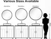 Three different sizes of round mirrors are shown above bathroom vanities, with a silhouette of a person for scale. Produktbild-Vorschau