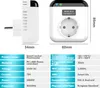 A product image showing a smart plug thermostat with its dimensions and a specification table. Produktbild-Vorschau