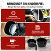 Collage of images showing features of an air fryer, including cleaning and parts. Produktbild-Vorschau