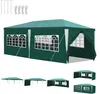 A green party tent with windows and multiple side panels, shown from a slightly elevated front-diagonal angle. Below the main tent image are smaller inset images showing different configurations of the tent. Produktbild-Vorschau