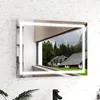 A modern bathroom vanity mirror with integrated LED lighting, reflecting a scenic mountain landscape. Produktbild-Vorschau