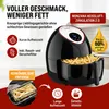 A black air fryer filled with french fries, with promotional text and graphics highlighting its features. Produktbild-Vorschau