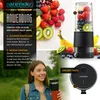 A collage of images showing a portable smoothie maker, ingredients, and a person holding the smoothie maker. Produktbild-Vorschau