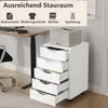A white rolling storage cabinet with five drawers, placed next to a desk with a laptop and notebook. A printer sits on top of the cabinet. The text overlay indicates 'Sufficient storage space' for documents, clothing, books, and toys. Produktbild-Vorschau