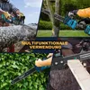 A collage of images showing a cordless chainsaw being used for various tasks like cutting wood and trimming hedges. Podgląd zdjęcia produktu