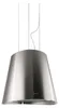 A stainless steel island range hood suspended by wires against a white background. Produktbild-Vorschau