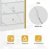 Close-up of a white drawer unit with marble-like veining, featuring icons and text highlighting product features. Produktbild-Vorschau