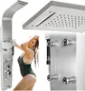 A collage of images showing a shower panel system with a woman using it and close-ups of its features. Podgląd zdjęcia produktu