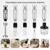 A collage showing a hand blender with various attachments and lifestyle shots of it in use. Produktbild-Vorschau