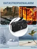 A collage of disaster scenes surrounding a portable emergency radio. Produktbild-Vorschau