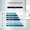 A white dishwasher is shown with a graphic overlay detailing its 7 wash programs. Produktbild-Vorschau