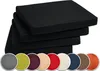 A stack of black seat cushions with a row of circular color swatches below. Produktbild-Vorschau