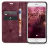 A burgundy flip-case wallet for an iPhone is shown open, displaying cards and a banknote, with the phone screen visible. Produktbild-Vorschau
