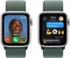 Two Apple Watch screens showing a video call and a text message conversation. Produktbild-Vorschau
