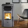 A pellet stove is shown in a living room setting next to a modern chair. Anteprima dell’immagine prodotto