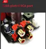 A close-up view of gold-plated RCA ports on a black circuit board, with text overlay indicating a product feature. Produktbild-Vorschau