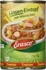 A close-up of a canned food product, specifically lentil stew with sausages. Podgląd zdjęcia produktu