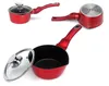 Multiple views of a red saucepan with a glass lid, shown on a white background. Náhled obrázku produktu