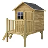 A wooden playhouse on stilts with a railing and a small ladder, isolated on a white background. Produktbild-Vorschau