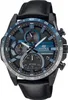 A close-up, front-facing studio shot of a black Casio Edifice solar-powered chronograph watch with blue accents. Voir les images du produit