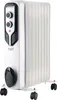 A white oil-filled radiator with black accents and wheels, shown against a white background. Náhled obrázku produktu