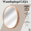 A round wooden mirror is shown with text and icons highlighting its features. Náhľad obrázku produktu