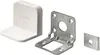 A white plastic corner bracket and two metal mounting brackets are displayed against a white background. Produktbild-Vorschau