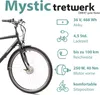 A black electric bicycle with a front wheel and handlebars visible, alongside a graphic overlay detailing its features and specifications. Voir les images du produit