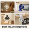 Collage of four images showing a portable clip-on fan in different settings: bedroom, office, kitchen, and living room shelf. Produktbild-Vorschau