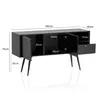 A black sideboard with oak-effect details, shown with dimensions indicated by text overlays. Podgląd zdjęcia produktu