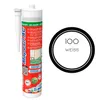 A tube of silicone sealant and a circular graphic with text. Produktbild-Vorschau