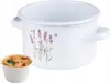 A white enamel pot with a lavender design and a small bowl of soup. Podgląd zdjęcia produktu
