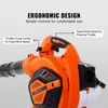 Close-up of an orange and black leaf blower with text overlays highlighting ergonomic design and controls. Anteprima dell’immagine prodotto